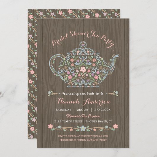 ウッドラエレガントンドティーポットブライダルシャワー招待 招待状 (正面/裏面)