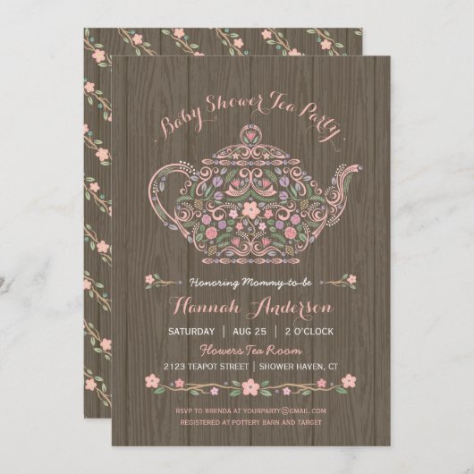 ウッドラエレガントンドティーポットベビーガールシャワー招待状 招待状 (正面/裏面)