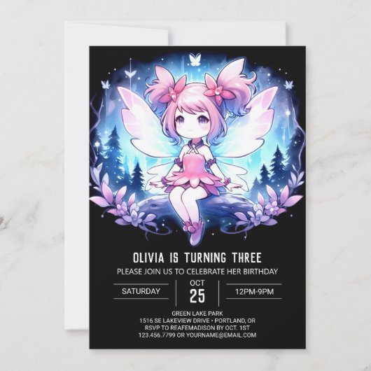 ウッドラエレガントンドフェアリー誕生日 招待状 (正面)