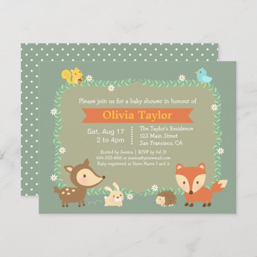 ウッドラエレガントンド動物のベビーシャワー 招待状 (正面/裏面)
