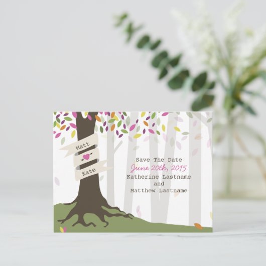 ウッドラカラフルンドウェディング日付はがきを保存 案内ポストカード (スタンド正面)