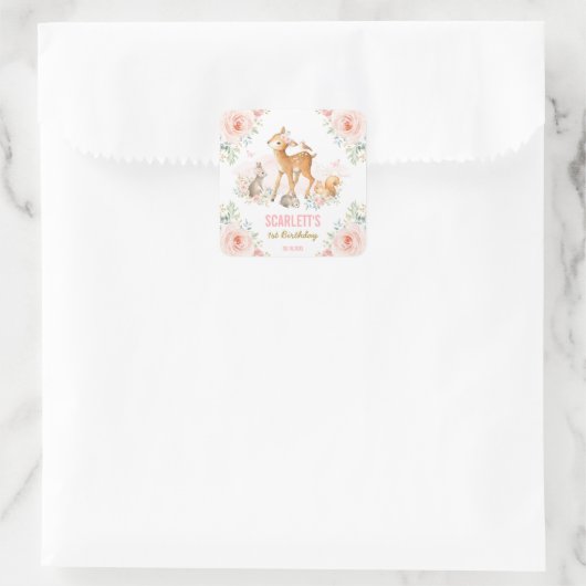ウッドラガーリーンド動物赤面ピンクフローラ誕生日 スクエアシール (バッグ)