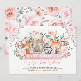 ウッドラガーリーンド·アニマルズ·シック·ピンク·バラ·ベビー·シャワー 招待状