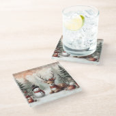 ウッドラクラシックンドクリスマスディアー/雪だるま ガラスコースター (アングル)