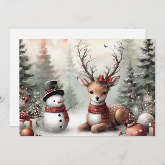 ウッドラクラシックンドクリスマスディアー/雪だるま シーズンカード (正面/裏面)