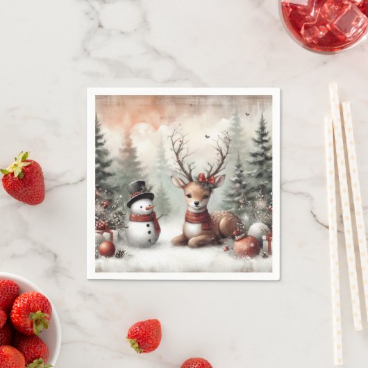 ウッドラクラシックンドクリスマスディアー/雪だるま スタンダードカクテルナプキン (インサイチュ)