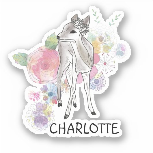 ウッドラパーソナライズされたンドディアアンドフラワーパステル名 シール (正面)