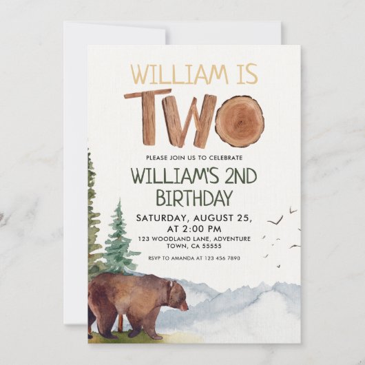 ウッドラパーソナライズされたンドベアーボーイズ誕生日2 招待状 (正面)