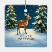 ウッドラパーソナライズされたンド初めてのクリスマスベビー鹿 セラミックオーナメント (裏面)