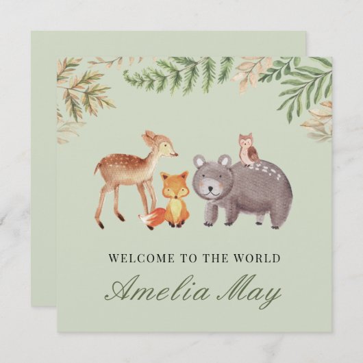 ウッドラパーソナライズされたンド動物新生児カード セーブザデート (正面/裏面)