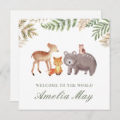 ウッドラパーソナライズされたンド動物新生児カード セーブザデート (正面/裏面)