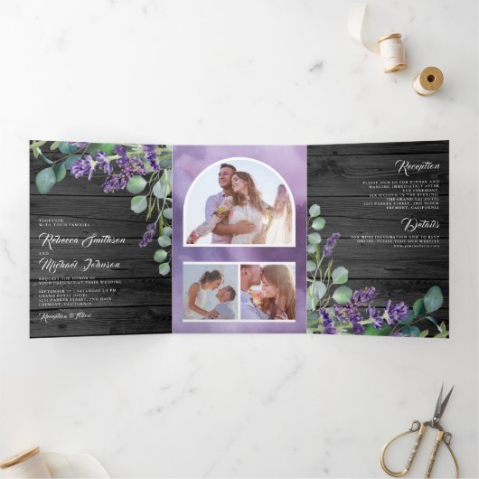 ウッドラベ素朴ンダーユーカリプトゥスフォトアー結婚チ 三つ折り招待状 (内部)