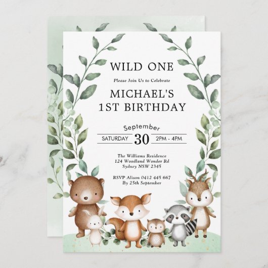 ウッドラモダンンドアニマルズワイルドワン1歳の誕生日 招待状 (正面/裏面)