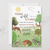ウッドラモダンンドアニマルズワイルド&誕生日3歳 招待状 (正面)