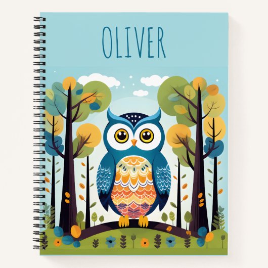ウッドランカラフルドお洒落でかわいいフクロウ ノートブック (正面)