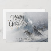 ウッドランズオオオカミが冬の雪メリークリスマスを叫ぶ シーズンカード (正面/裏面)