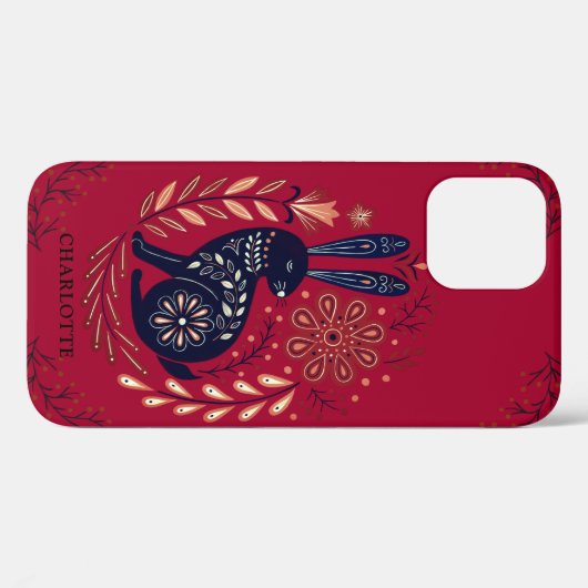 ウッドランズパーソナライズされたラビットフォークアートオンレッド Case-Mate iPhoneケース (裏面 (横))