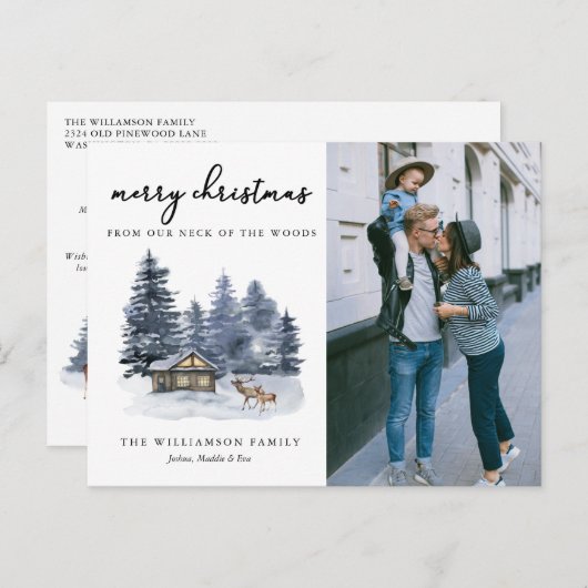 ウッドランズ素朴ウォーターカラーフォトクリスマスカード ポストカード (正面/裏面)