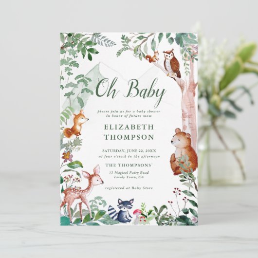 ウッドランドああベビー魅惑された森かわいい赤ちゃんシャワー 招待状 (スタンド正面)