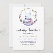 ウッドランドうさぎネイビーグリーンブックガールベイビーシャワー 招待状 (正面)