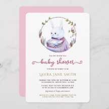 ウッドランドうさぎピンクグリーンブックガールベイビーシャワー