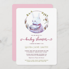 ウッドランドうさぎピンクグリーンブックガールベイビーシャワー 招待状