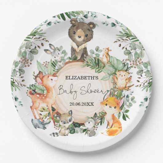 ウッドランドお洒落の緑の動物の赤ちゃんシャワー ペーパープレート (正面)