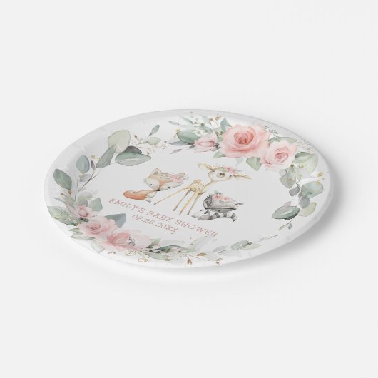 ウッドランドお洒落アニマルズピンクフローラ赤ちゃんシャワー ペーパープレート (アングル)