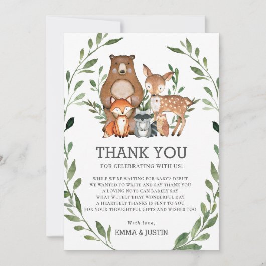 ウッドランドお洒落アニマルズ緑のベビーシャワー サンキューカード (正面)