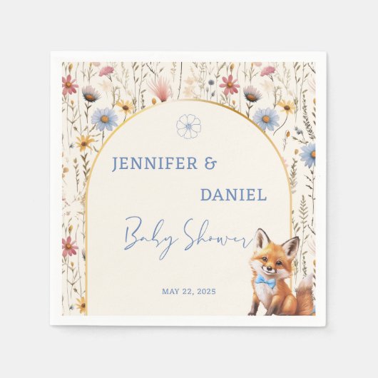 ウッドランドお洒落キツネダスティブルーベビーシャワー スタンダードカクテルナプキン (正面)