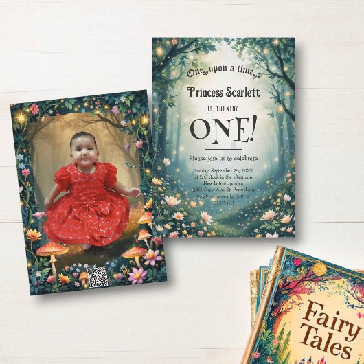 ウッドランドお洒落フォレストおとぎ話1歳の誕生日 招待状