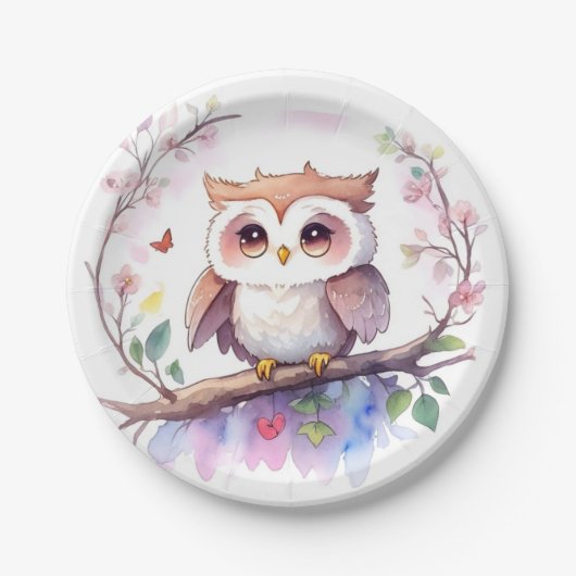 ウッドランドお洒落フクロウの女の子ベイビーシャワー ペーパープレート (正面)