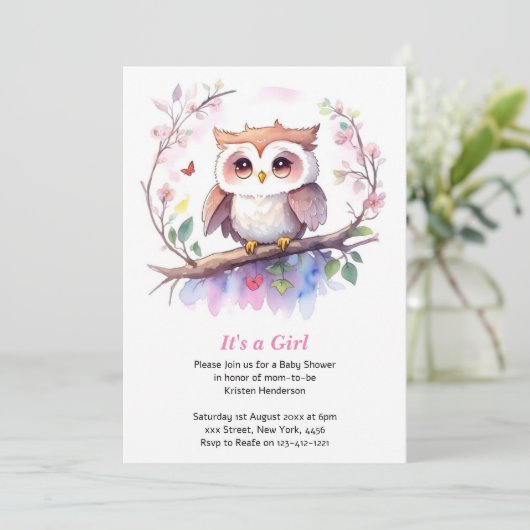 ウッドランドお洒落フクロウの女の子ベイビーシャワー 招待状 (スタンド正面)