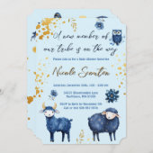 ウッドランドお洒落ブルー金ゴールドベビーシャワー 招待状 (正面/裏面)