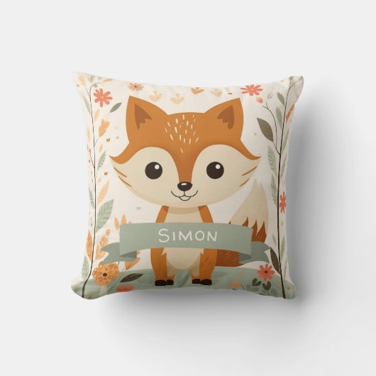 ウッドランドかわいいキツネ、赤ん坊の動物パーソナライズされた、名前 クッション (正面)