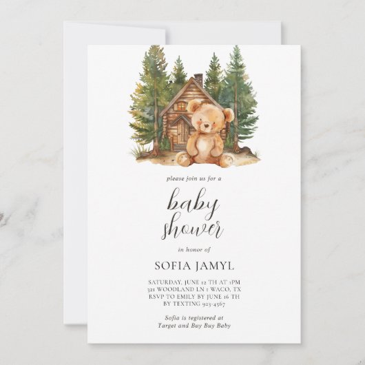 ウッドランドかわいいテディベア赤ちゃんシャワー 招待状 (正面)