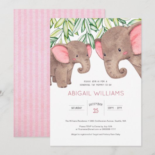 ウッドランドかわいいベビー&マザーエレファントベビーシャワーI 招待状 (正面/裏面)