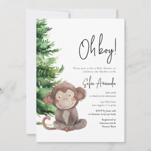 ウッドランドかわいい動物のサル赤ちゃんシャワー 招待状 (正面)