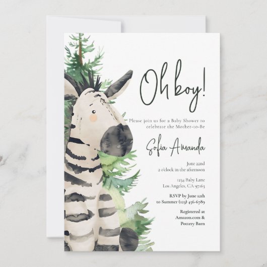 ウッドランドかわいい動物のシマウマ赤ちゃんシャワー 招待状 (正面)