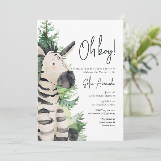 ウッドランドかわいい動物のシマウマ赤ちゃんシャワー 招待状 (スタンド正面)