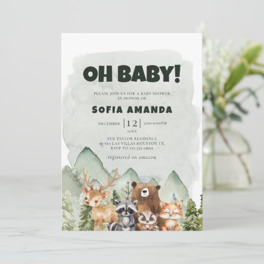 ウッドランドかわいい動物の山の森の赤ちゃんシャワー私 招待状 (スタンド正面)