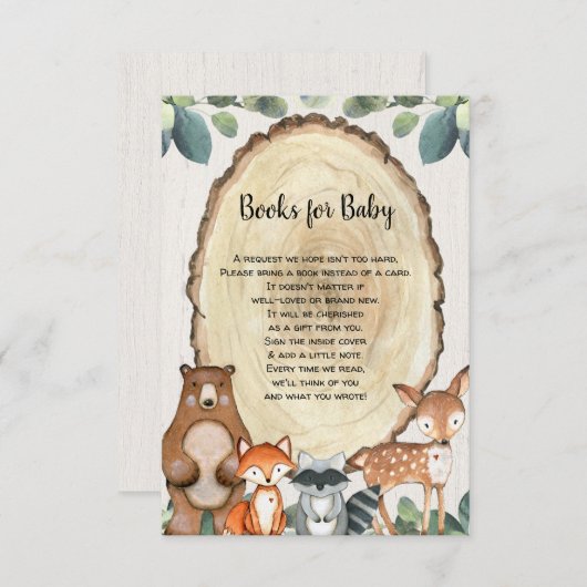 ウッドランドかわいい動物の本リクエスト赤ちゃんシャワー エンクロージャーカード (正面/裏面)