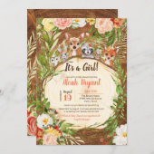 ウッドランドかわいい動物の森の女の子の木の赤ちゃんシャワー 招待状 (正面/裏面)