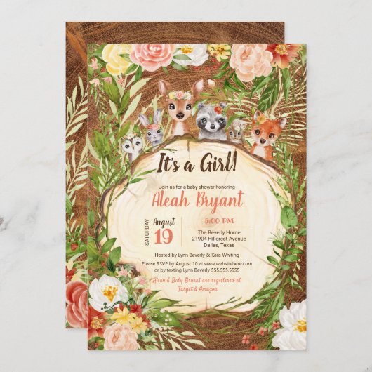 ウッドランドかわいい動物の森の女の子の木の赤ちゃんシャワー 招待状 (正面/裏面)
