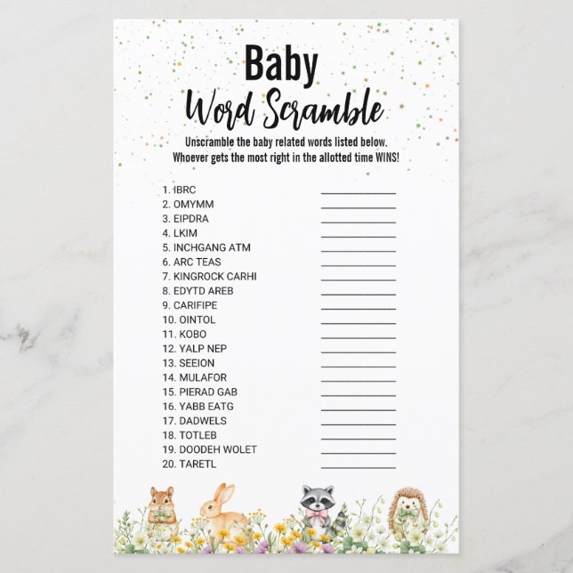 ウッドランドかわいい動物の赤ちゃんシャワー単語スクランブル (正面)