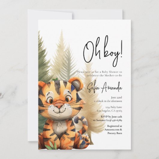 ウッドランドかわいい動物タイガー赤ちゃんシャワー 招待状 (正面)