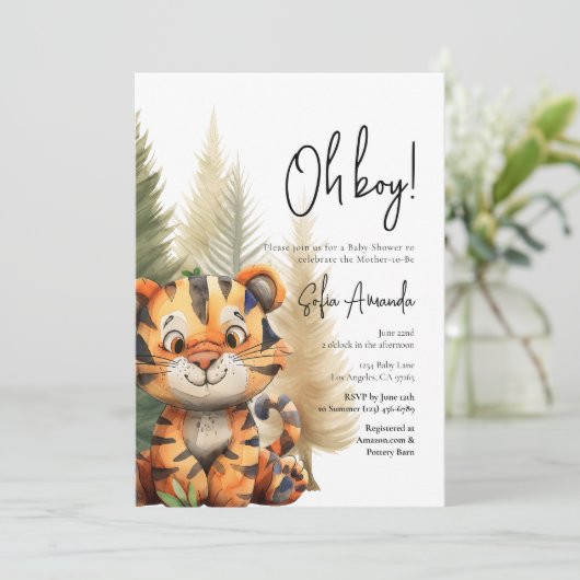ウッドランドかわいい動物タイガー赤ちゃんシャワー 招待状 (スタンド正面)