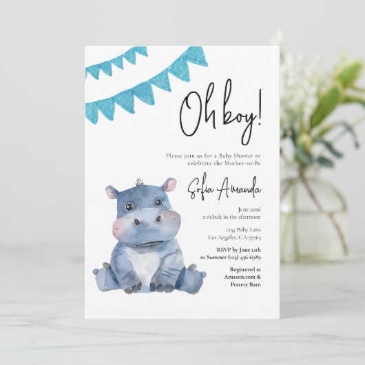 ウッドランドかわいい動物ヒポタマス赤ちゃんシャワー 招待状 (スタンド正面)