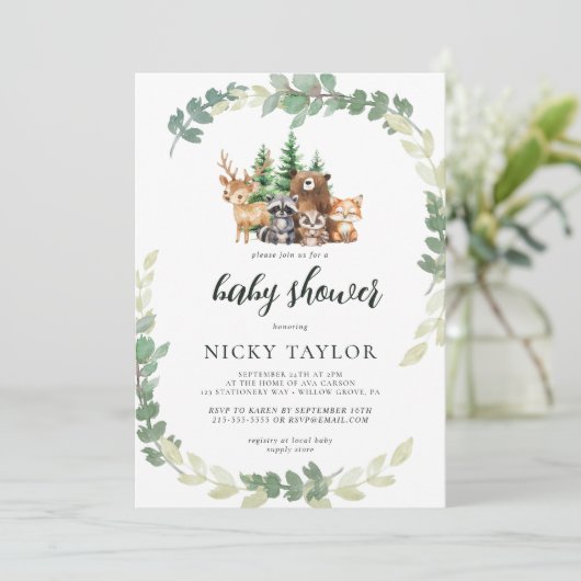 ウッドランドかわいい動物フレーム赤ちゃんシャワー 招待状 (スタンド正面)