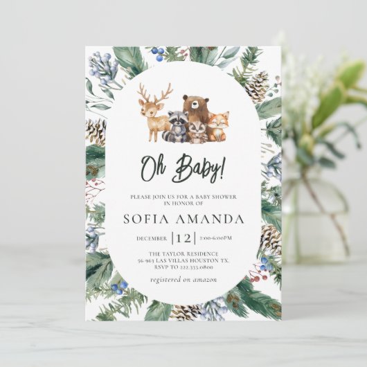 ウッドランドかわいい動物フレーム赤ちゃんシャワー 招待状 (スタンド正面)